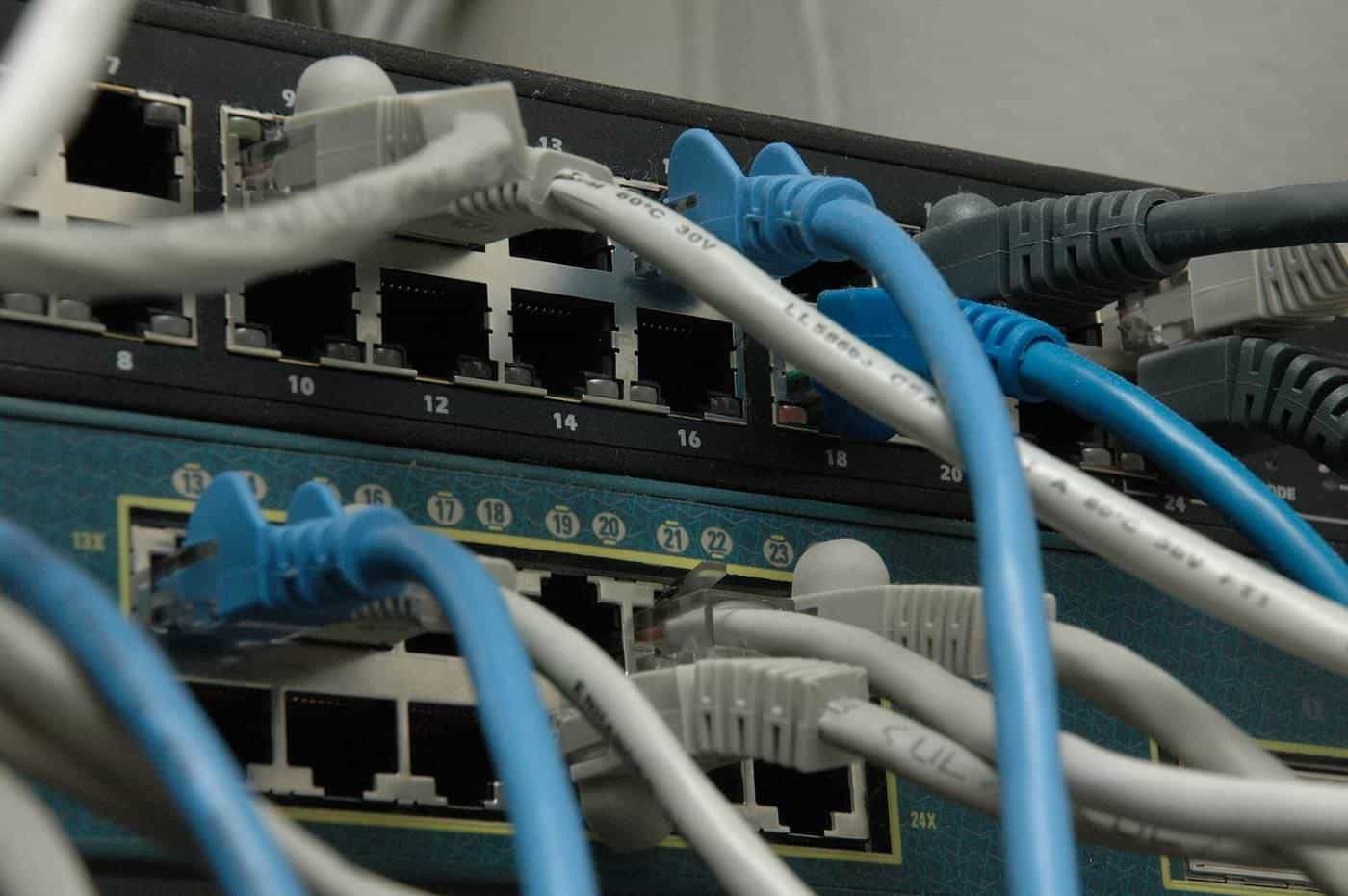 Network cables plugged into rows of switch ports