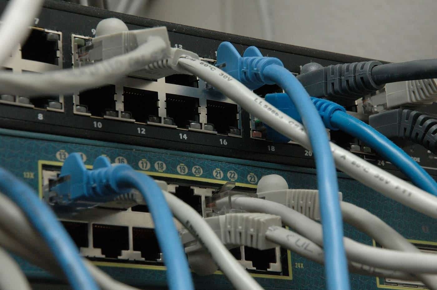 Network cables plugged into rows of switch ports